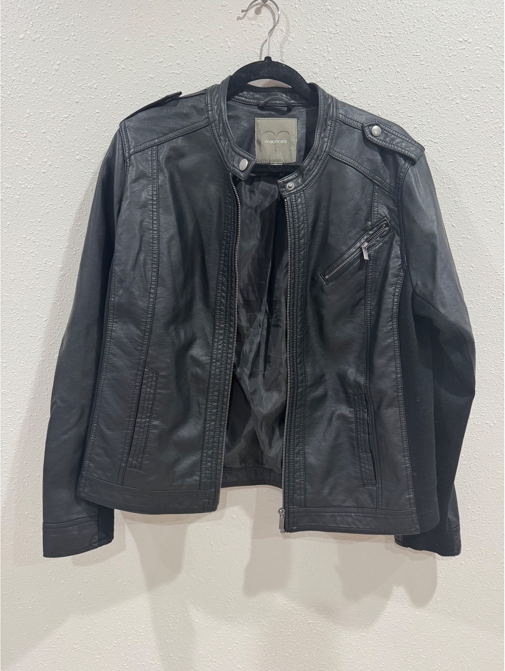Maurices Black Faux Leather Moto Jacket Women’s XL Stretch Side Panels
